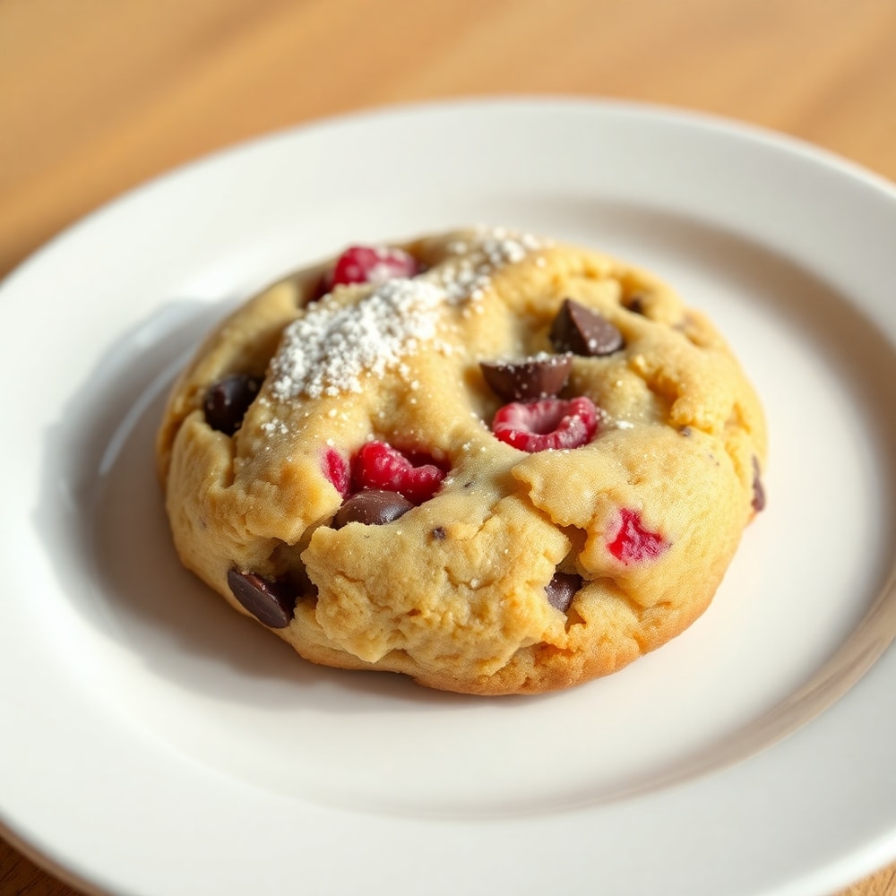 A single Raspberry Chocolate Chip Cookie on a white plate