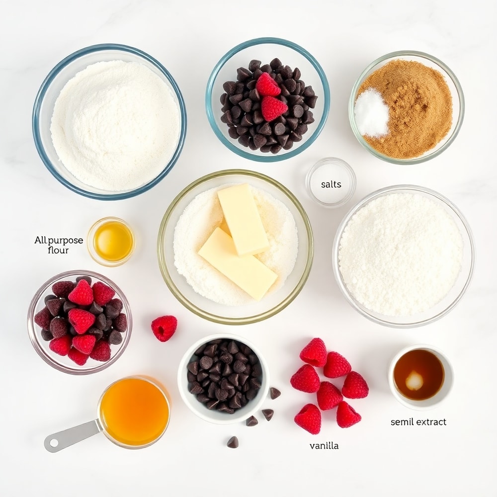 Raw ingredients for Raspberry Chocolate Chip Cookies on a marble surface