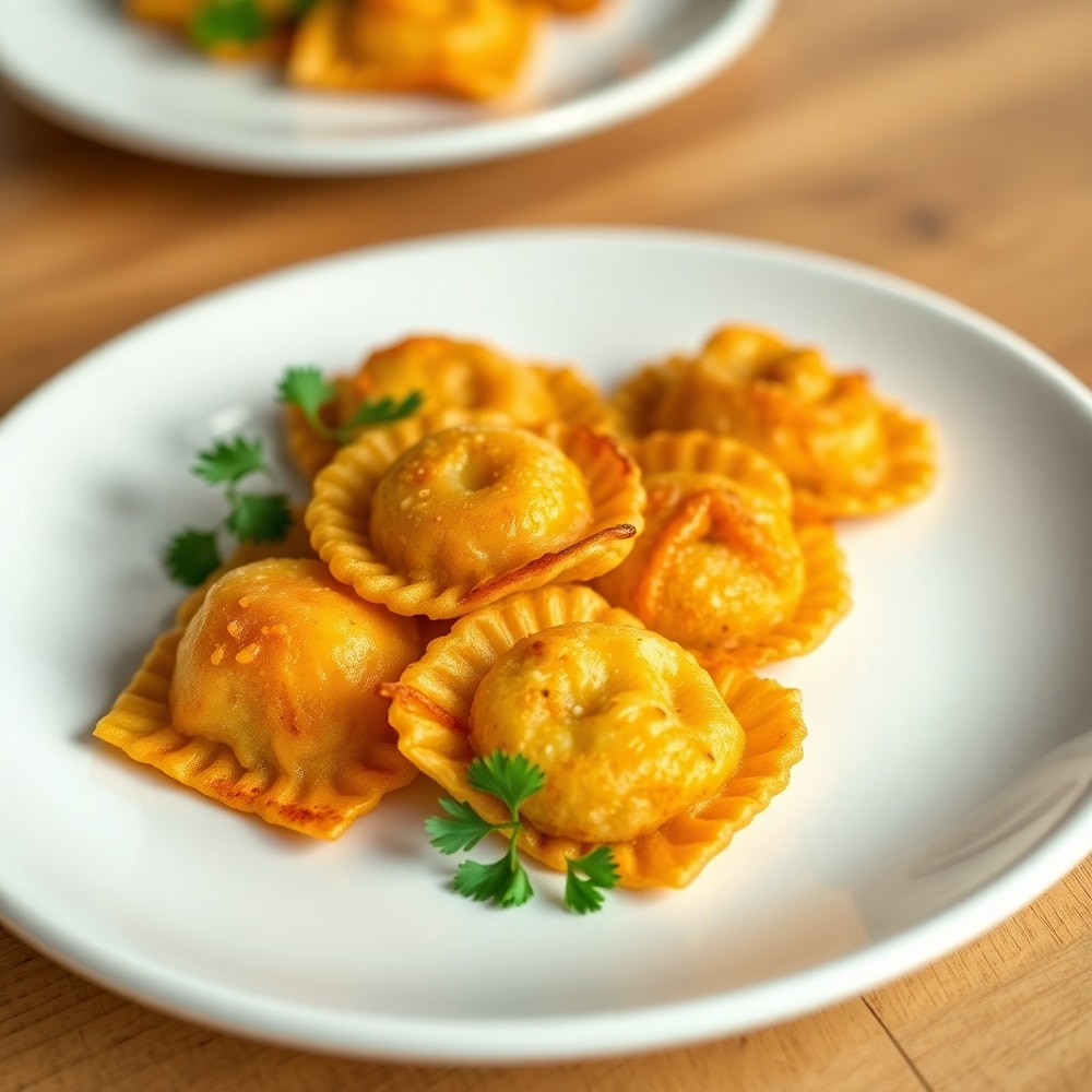 Crispy Ravioli Appetizer plated with fresh parsley