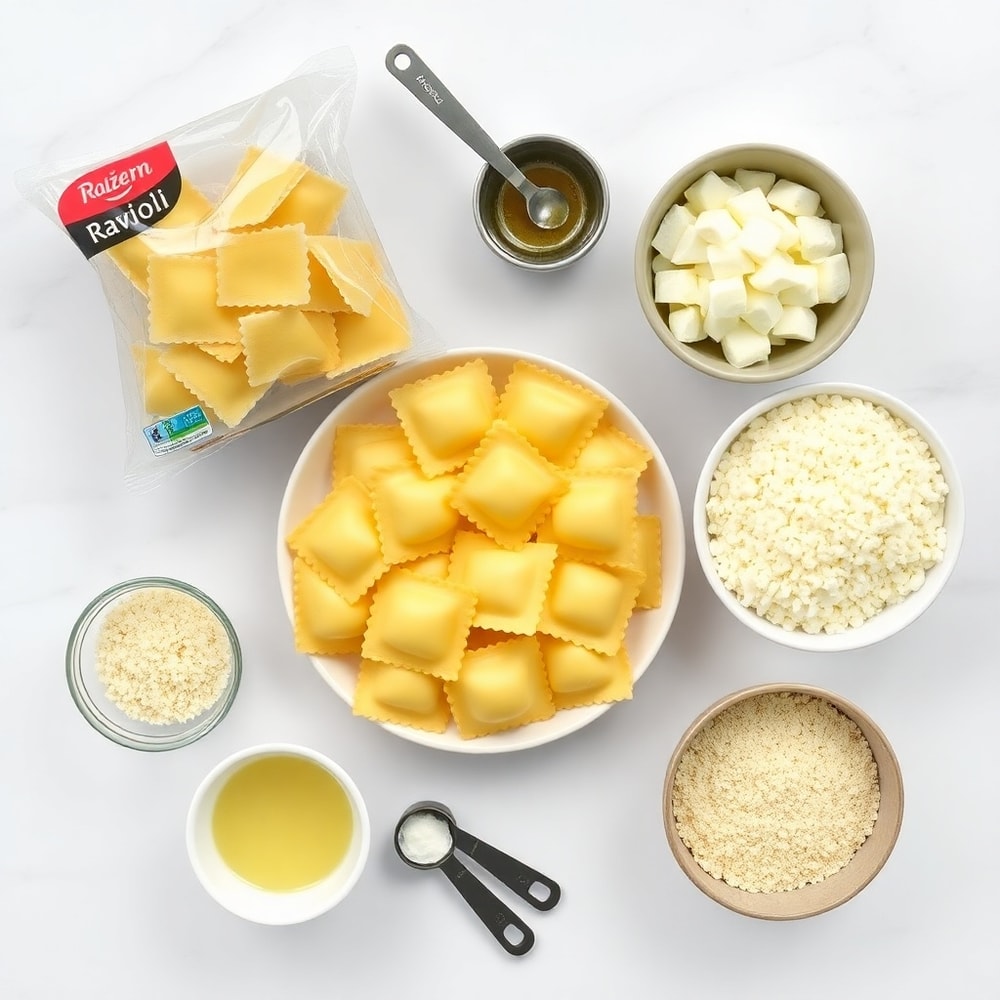Raw ingredients for Crispy Ravioli Appetizer: ravioli, parmesan, mozzarella, garlic, breadcrumbs