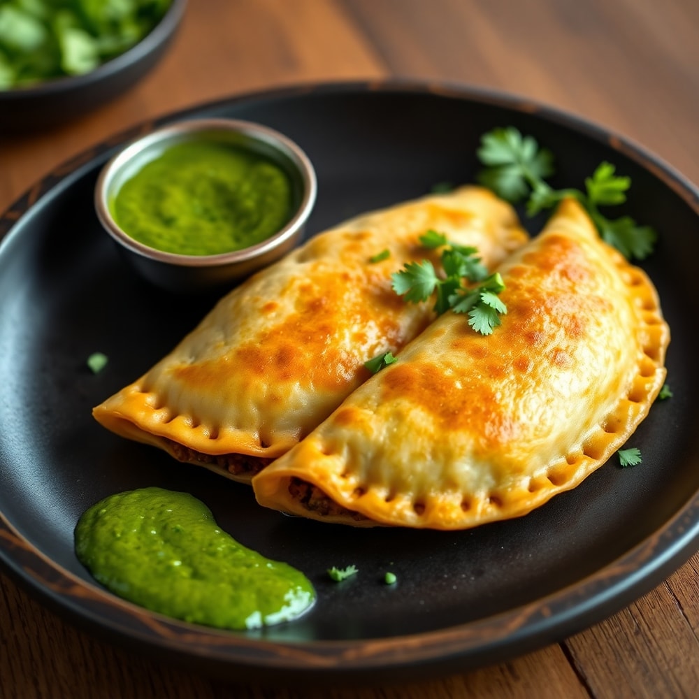 Plated vegan lentil empanadas with veggie filling and chimichurri