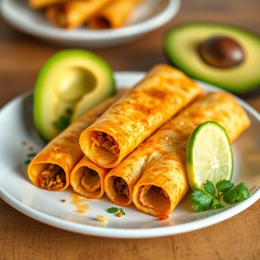Plated Vegan Taquitos with avocado and lime