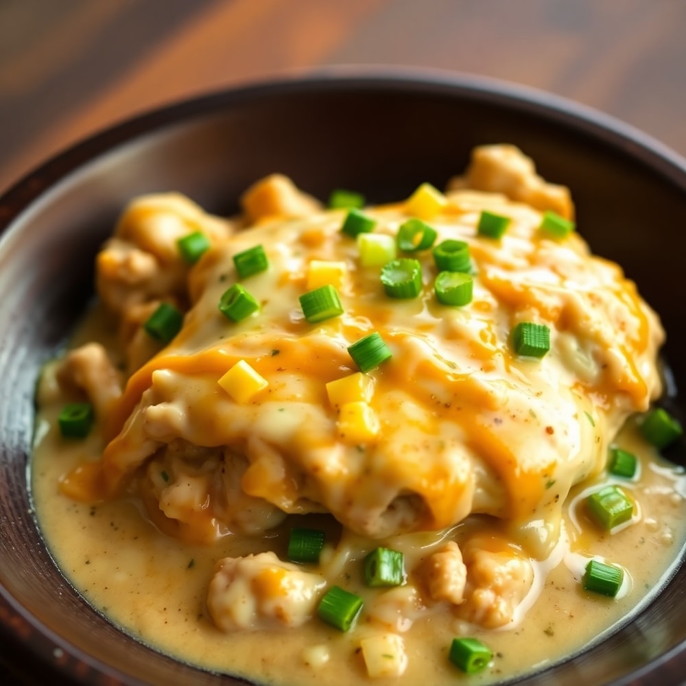 Plated Crockpot Cajun Butter Chicken with melted cheese and green onions