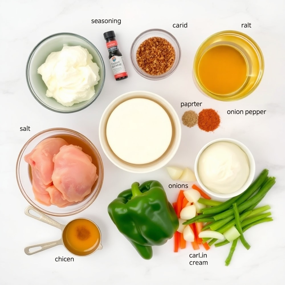 Raw ingredients for Crockpot Cajun Butter Chicken including chicken breasts, Cajun seasoning, and cream cheese