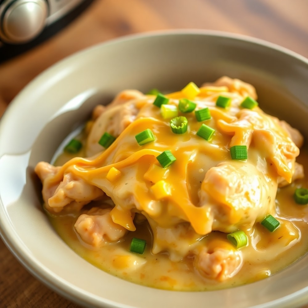 Plated Crockpot Marry Me Chicken with melted cheese and green onions