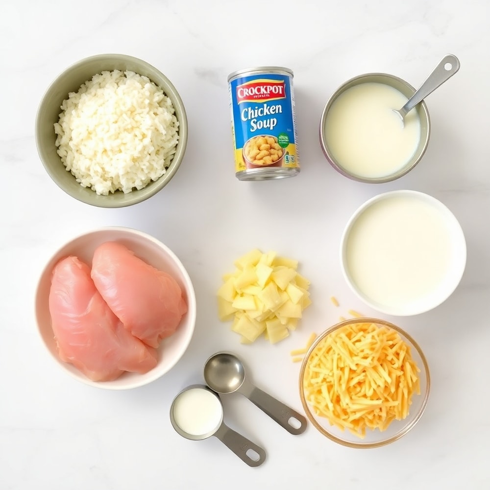 Crockpot Marry Me Chicken ingredients: chicken breasts, rice, cream of chicken soup, milk, cheese, green onions