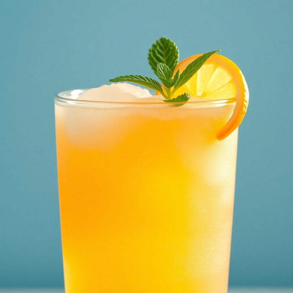 Pint glass of frozen peach lemonade with a lemon slice
