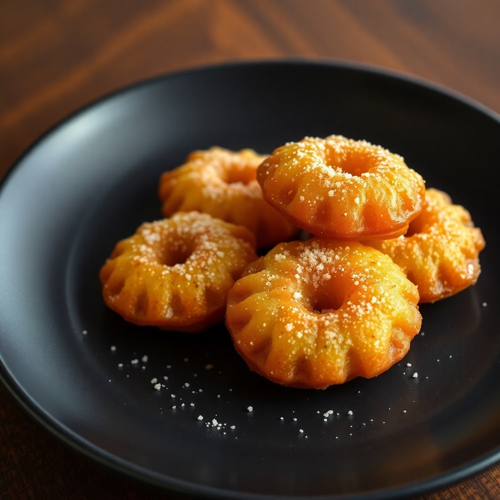 Plated serving of bunuelos with a sprinkle of cinnamon sugar