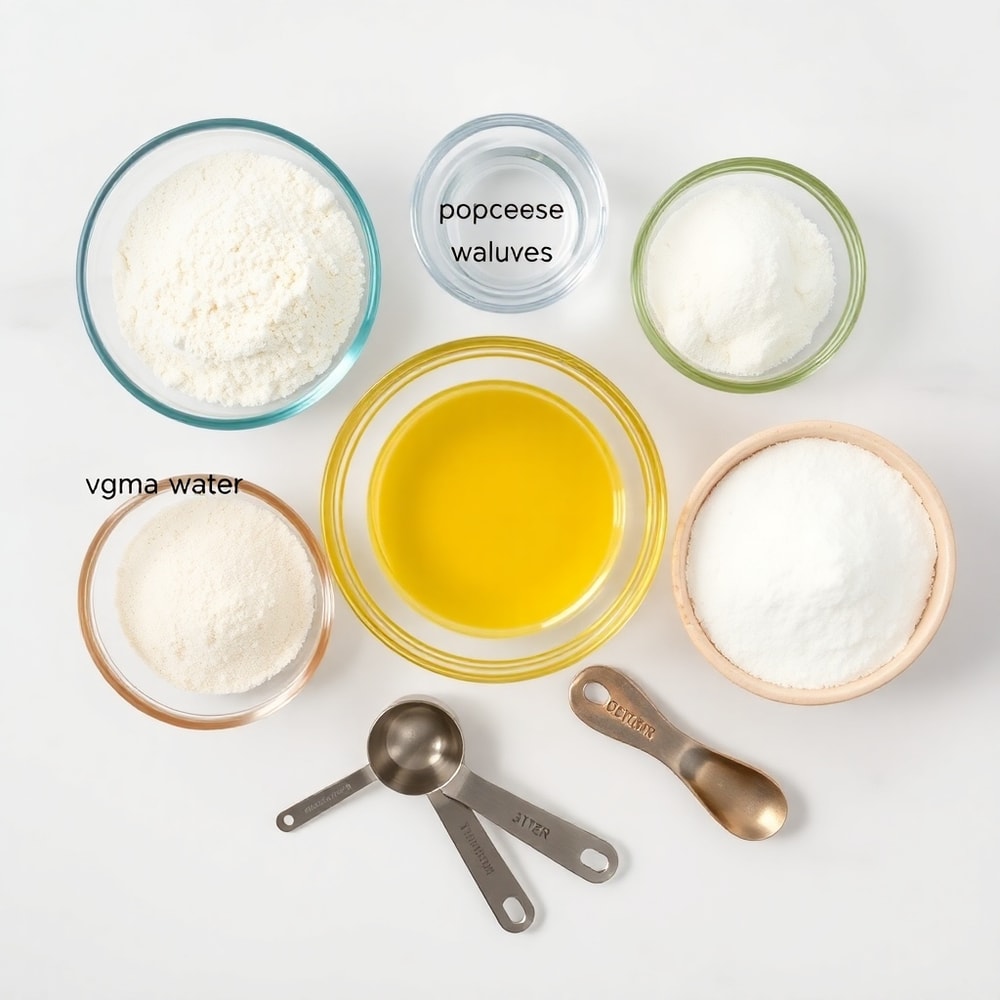 Raw ingredients for easy bunuelos: flour, water, oil, and powdered sugar