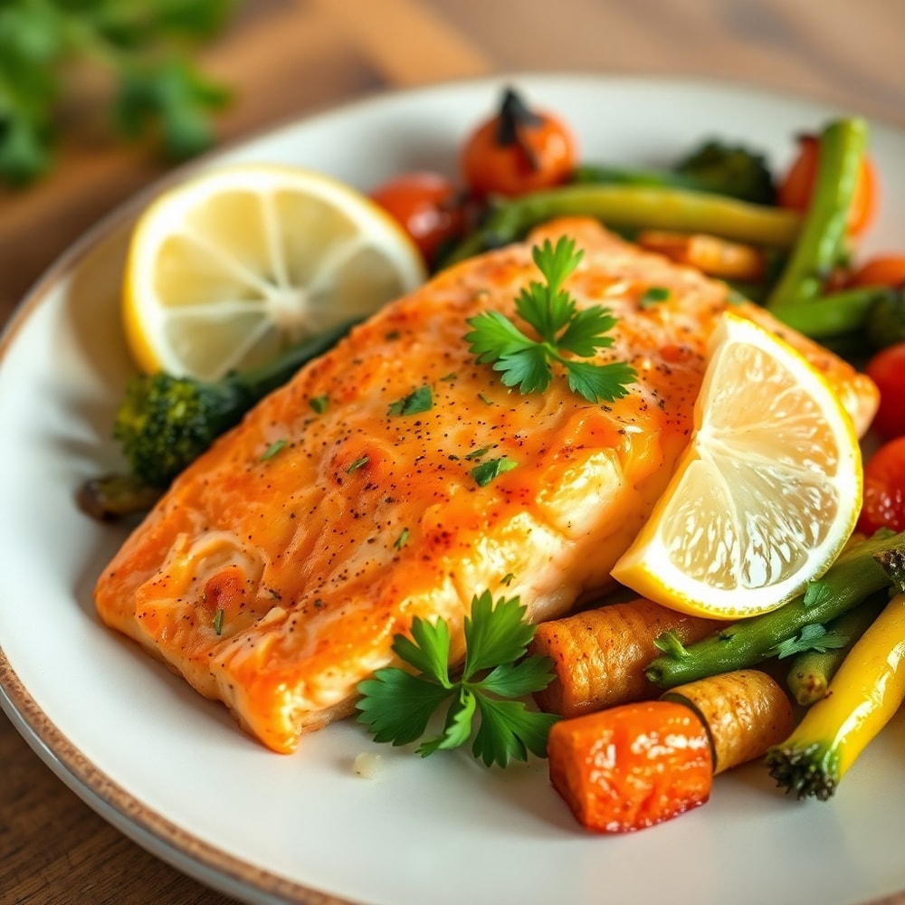 Plated air fryer salmon with vegetables