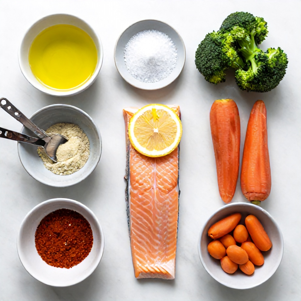 Raw ingredients for air fryer salmon and vegetables