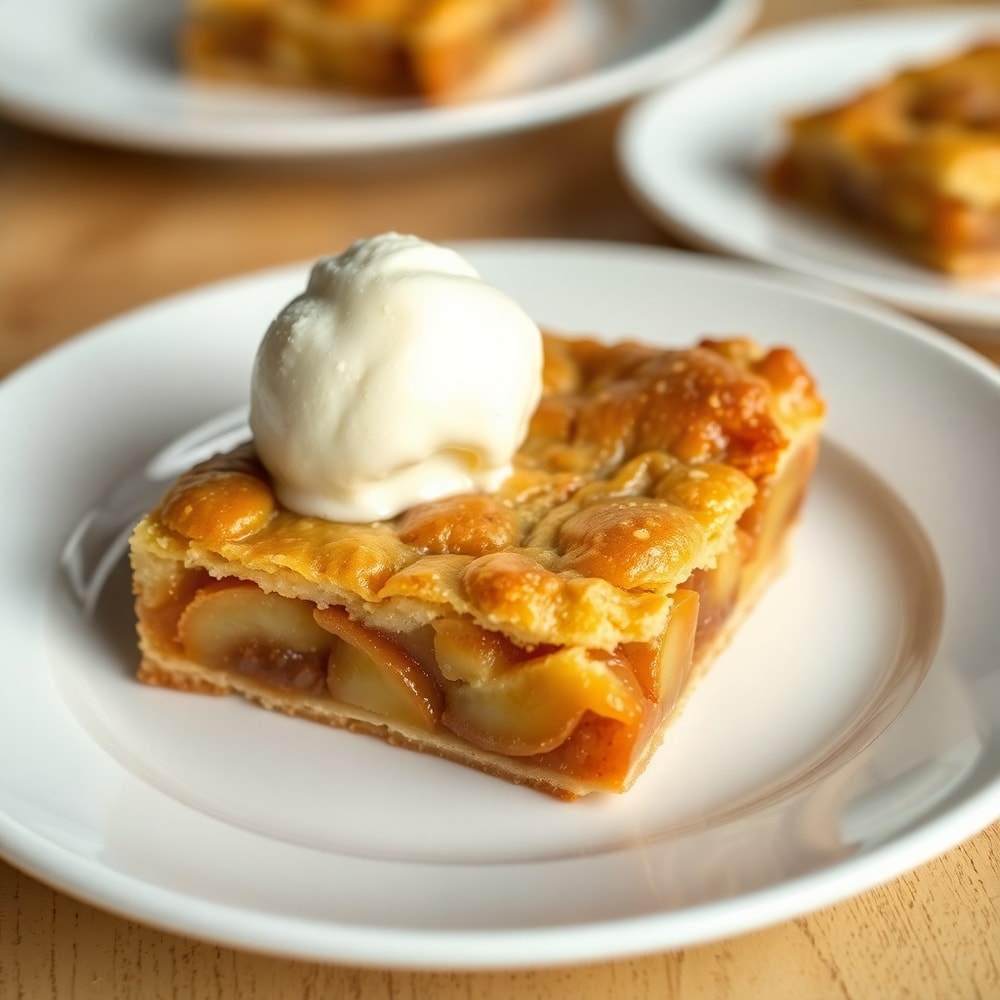 Apple Pie Bars plated with a scoop of vanilla ice cream