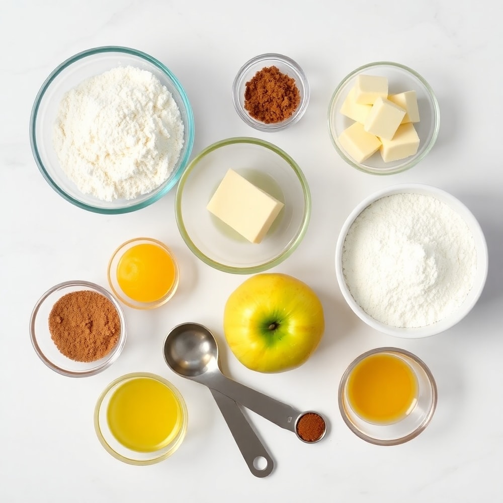 Raw ingredients for Apple Pie Bars on a white marble surface
