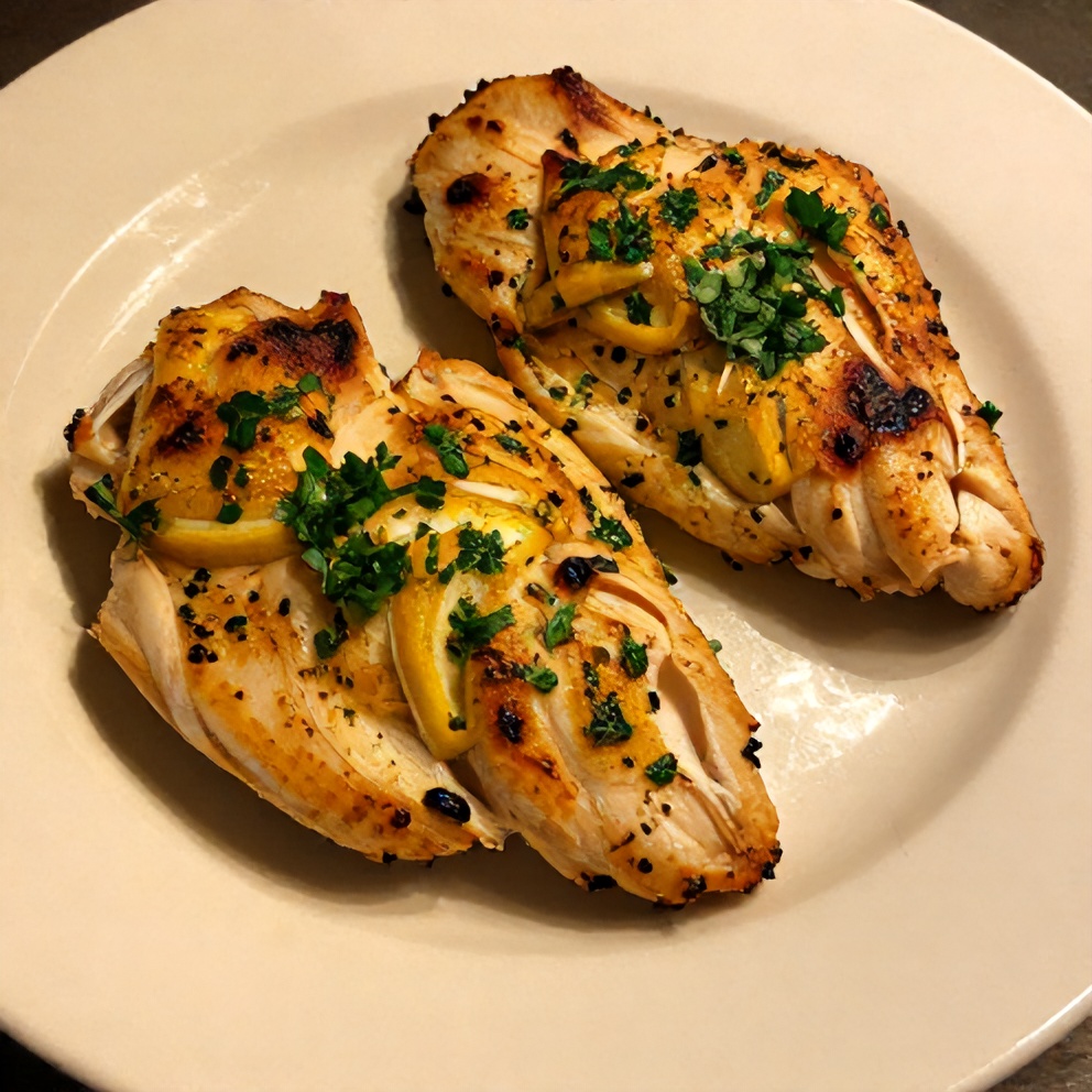 Plated baked lemon pepper chicken breast with fresh parsley garnish