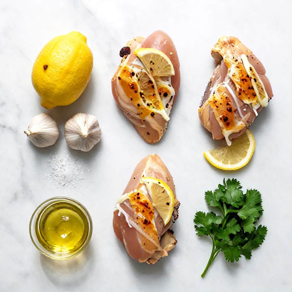 Raw ingredients for baked lemon pepper chicken: chicken breasts, lemons, pepper, garlic, olive oil, salt, and fresh parsley
