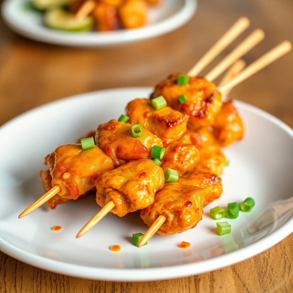 Plated Bang Bang Chicken Skewers with green onions
