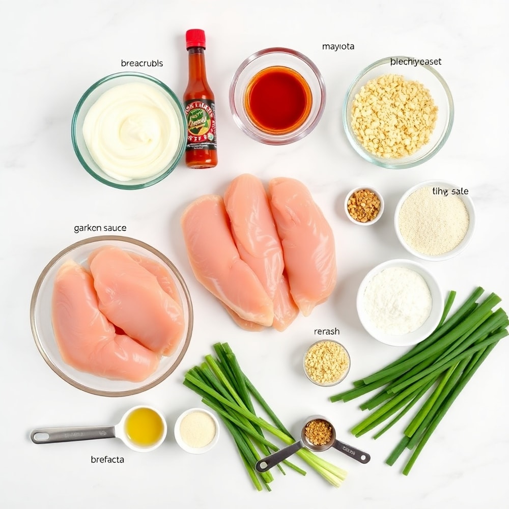 Raw ingredients for Bang Bang Chicken Skewers on a marble surface