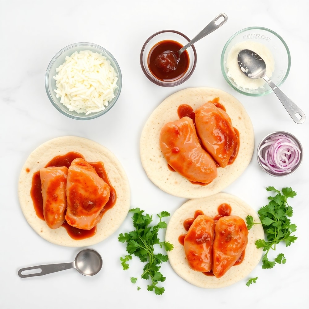 BBQ Chicken Flatbread ingredients on a marble counter