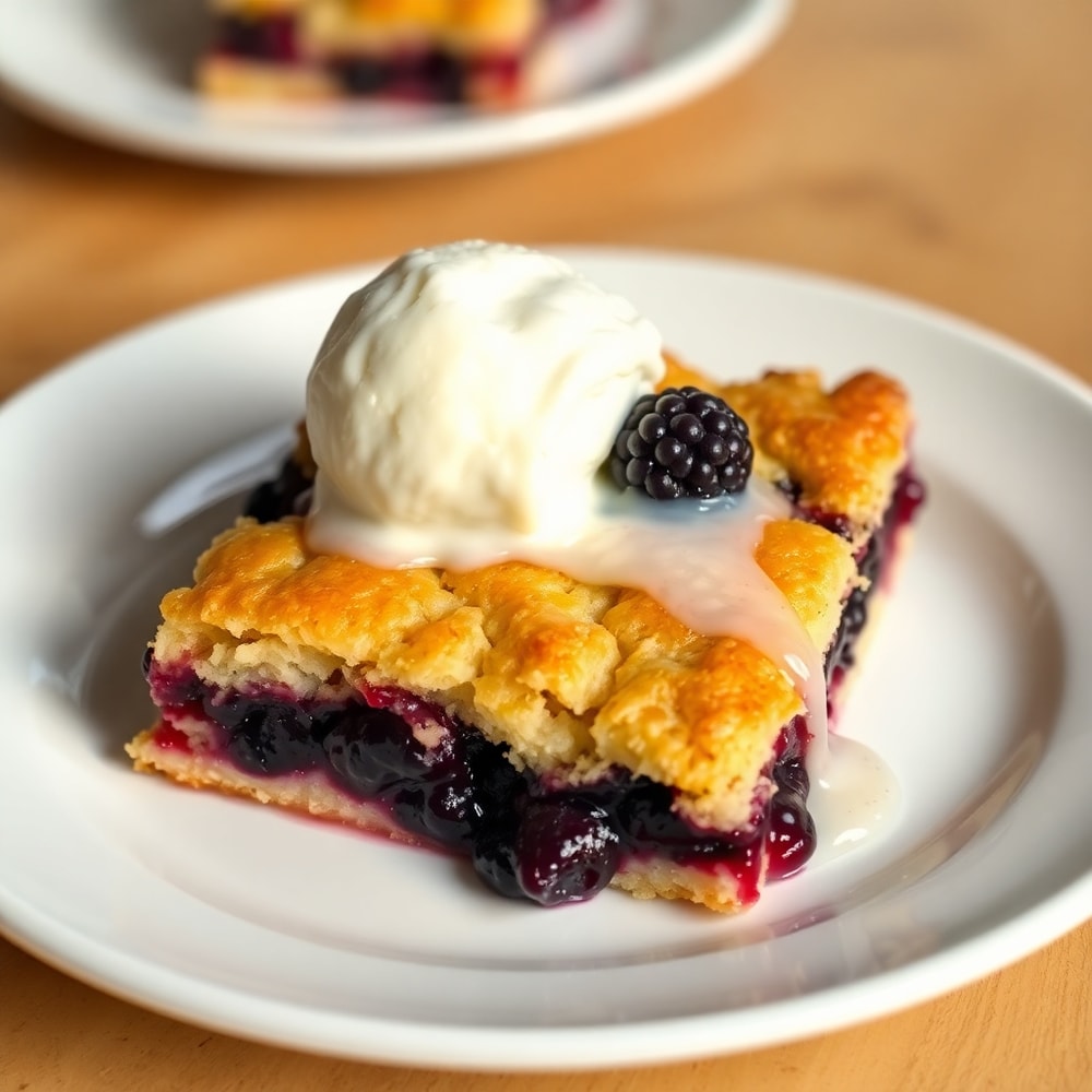 Blackberry Cobbler Bars plated with a scoop of vanilla ice cream
