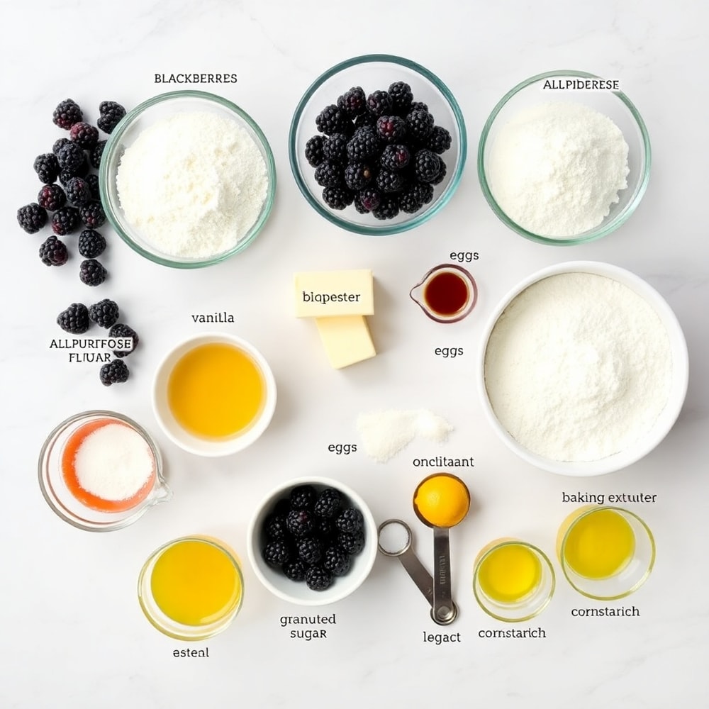 Ingredients for Blackberry Cobbler Bars on a white marble surface