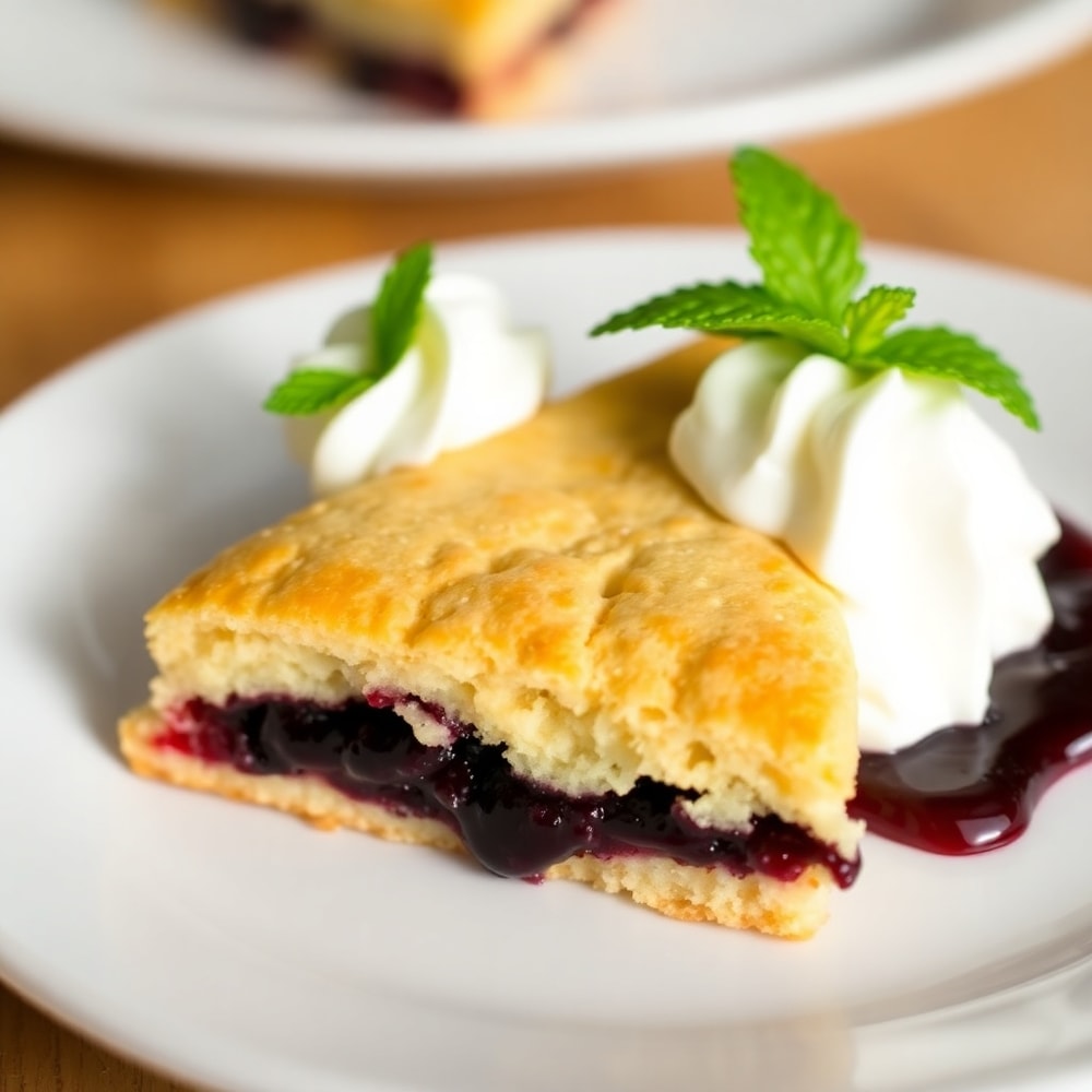 Plated Blackberry Shortbread Wedges with a dollop of whipped cream