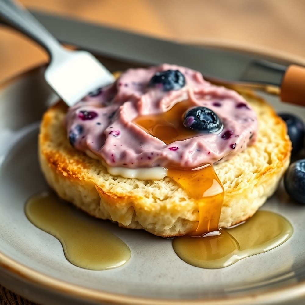Blueberry butter on a toasted biscuit