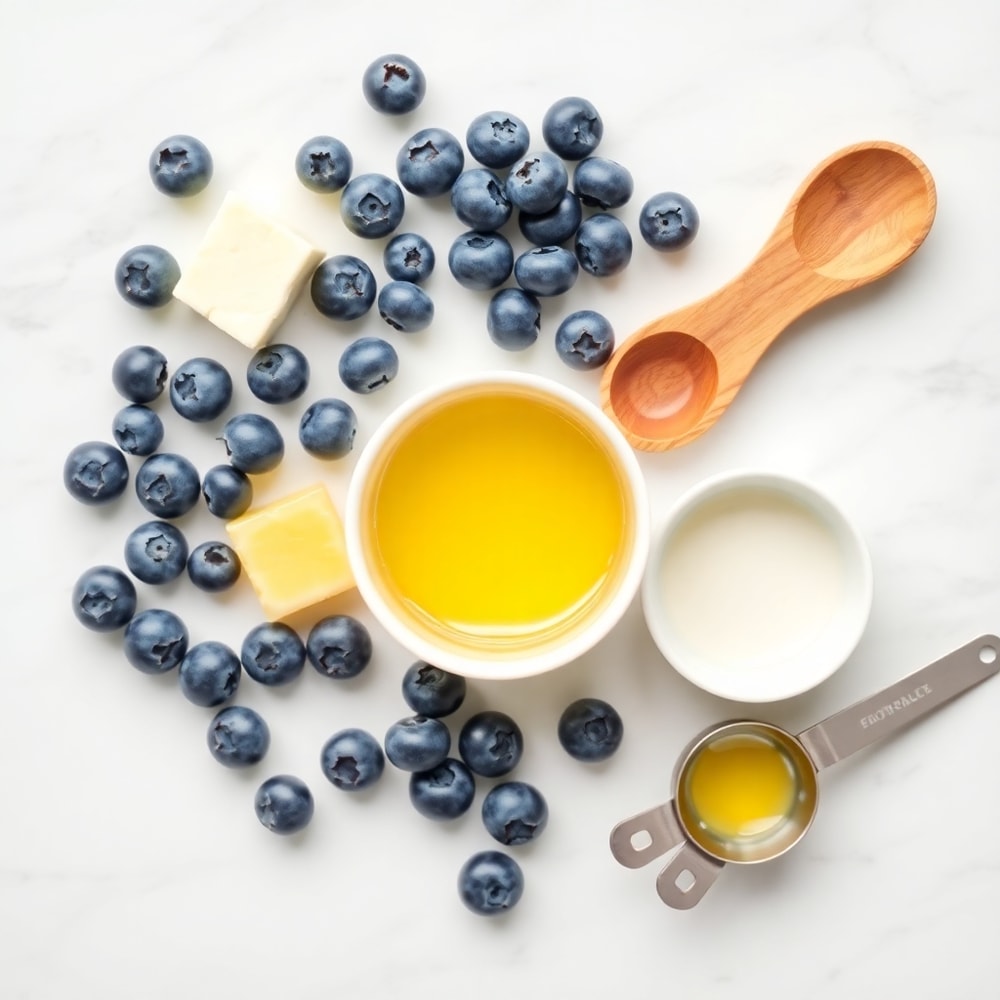 Blueberries, butter, and lemon juice on a white marble surface