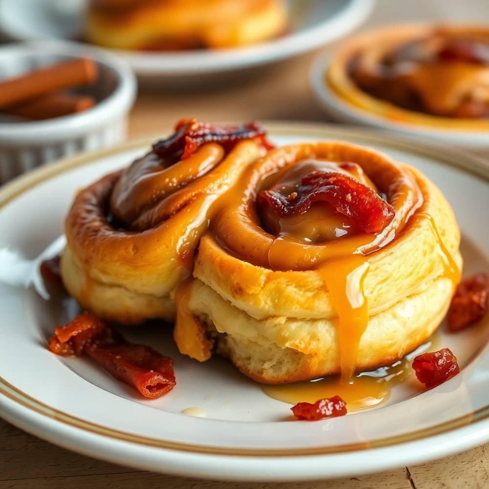 Plated Bourbon Maple Bacon Cinnamon Rolls with candied bacon