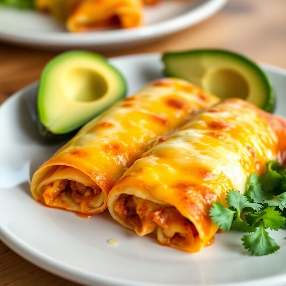 Plated Easy Breakfast Enchiladas with a side of avocado