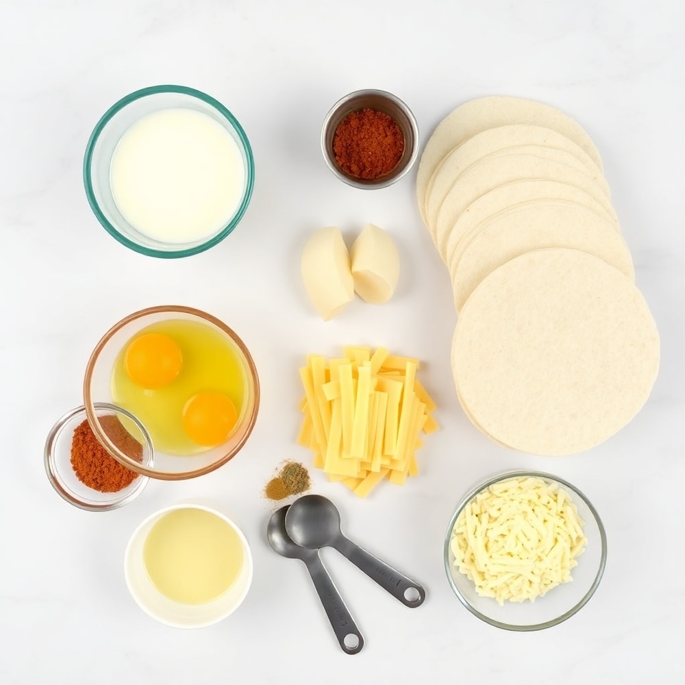 Raw ingredients for Easy Breakfast Enchiladas arranged on a white marble surface