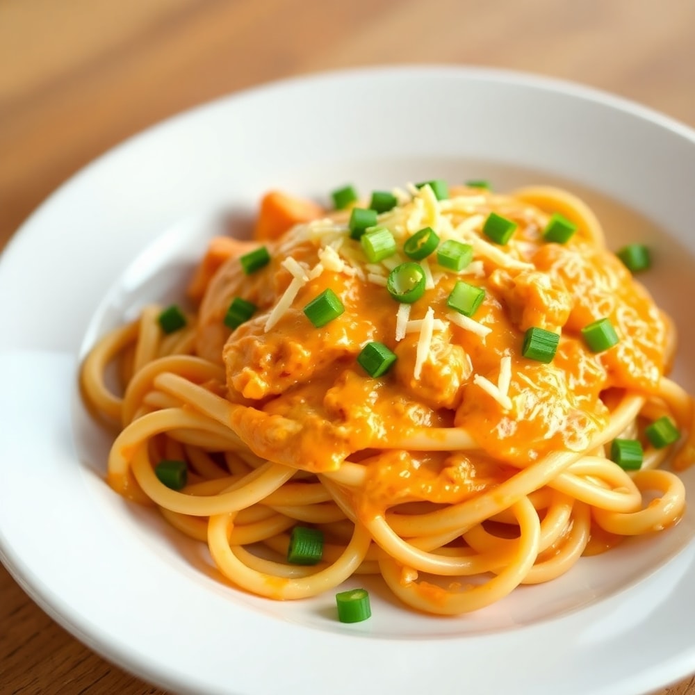 Plated Buffalo Chicken Pasta with green onions