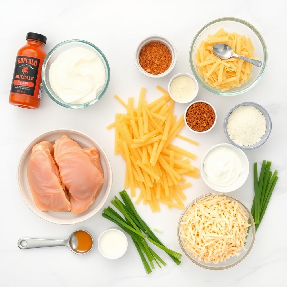 Raw ingredients for Buffalo Chicken Pasta laid out