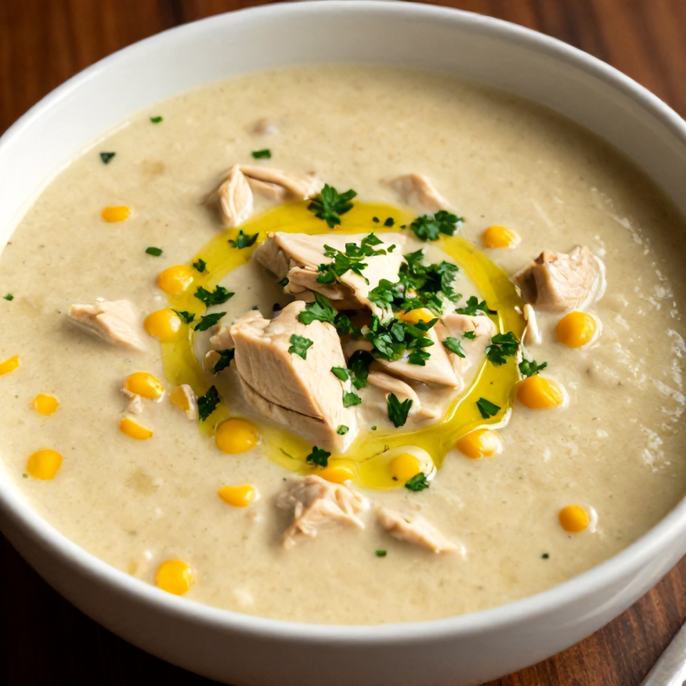 Bowl of Chicken and Corn Chowder with crusty bread