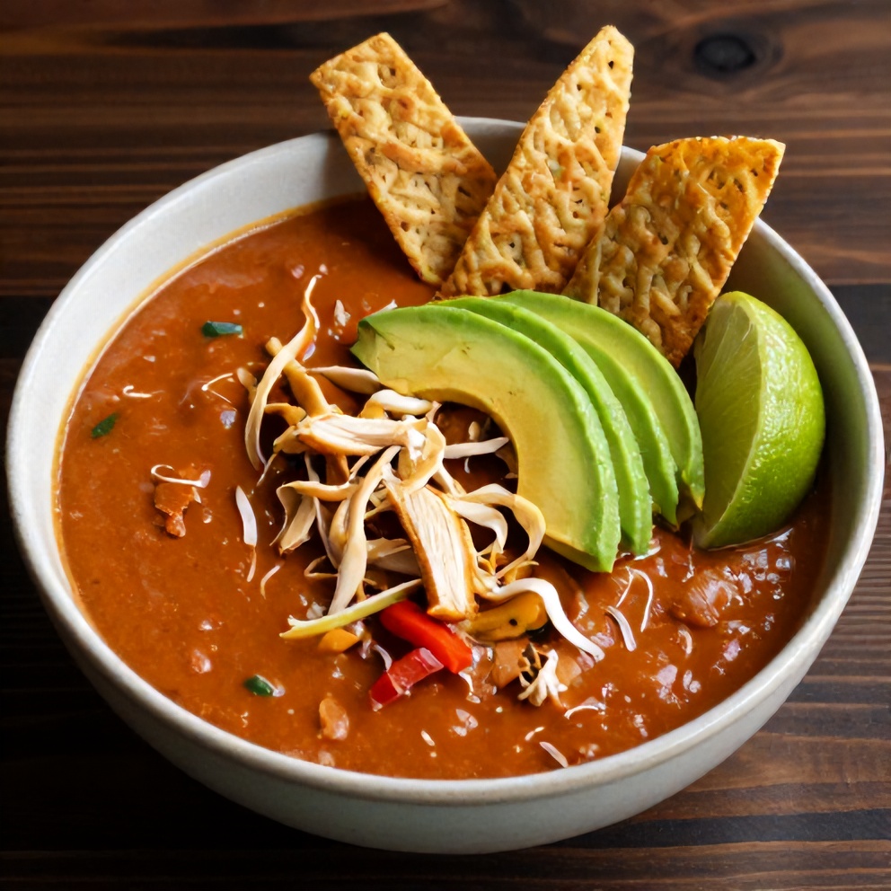 Bowl of Chicken Enchilada Soup with tortilla strips