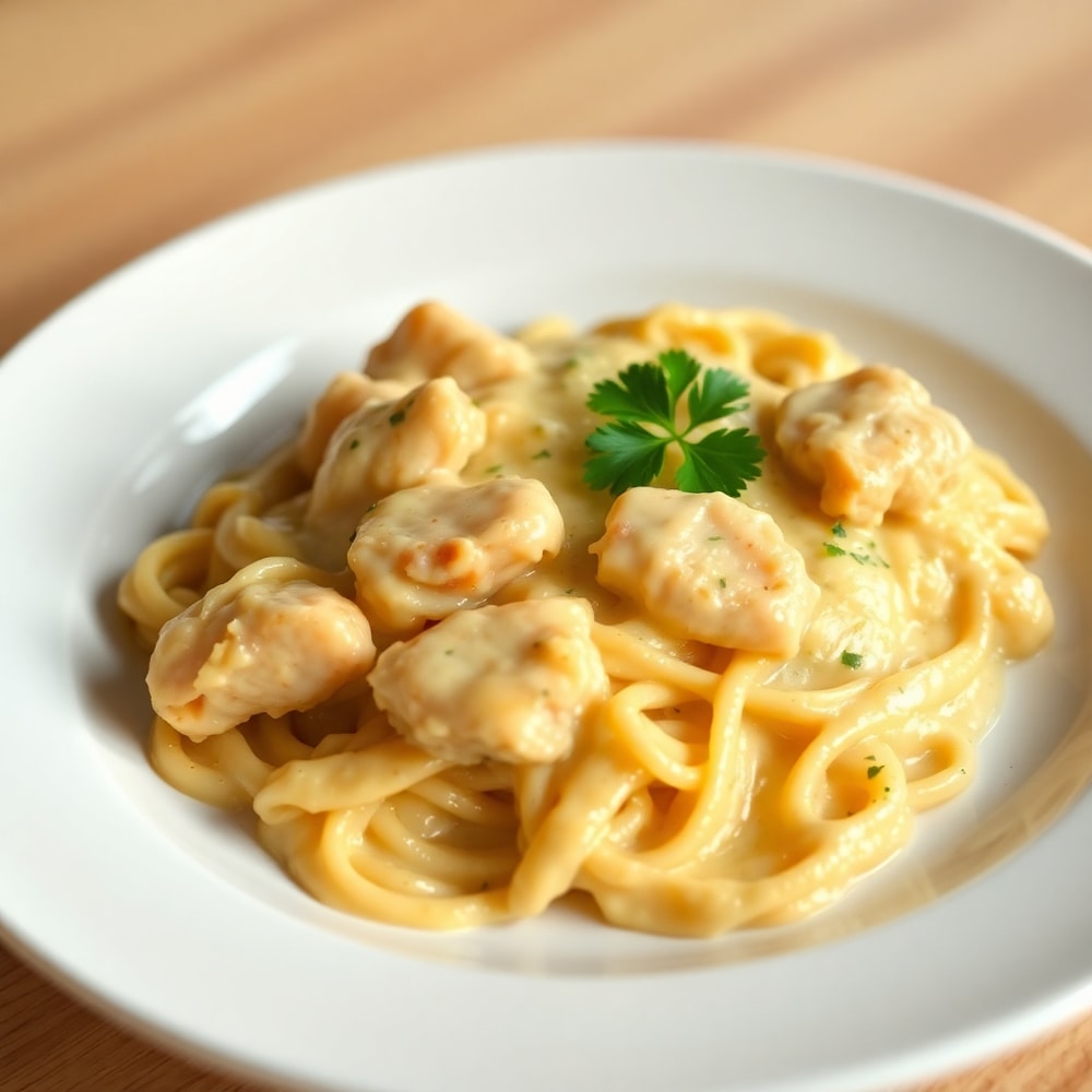 Plated serving of Chicken Tetrazzini with parsley garnish