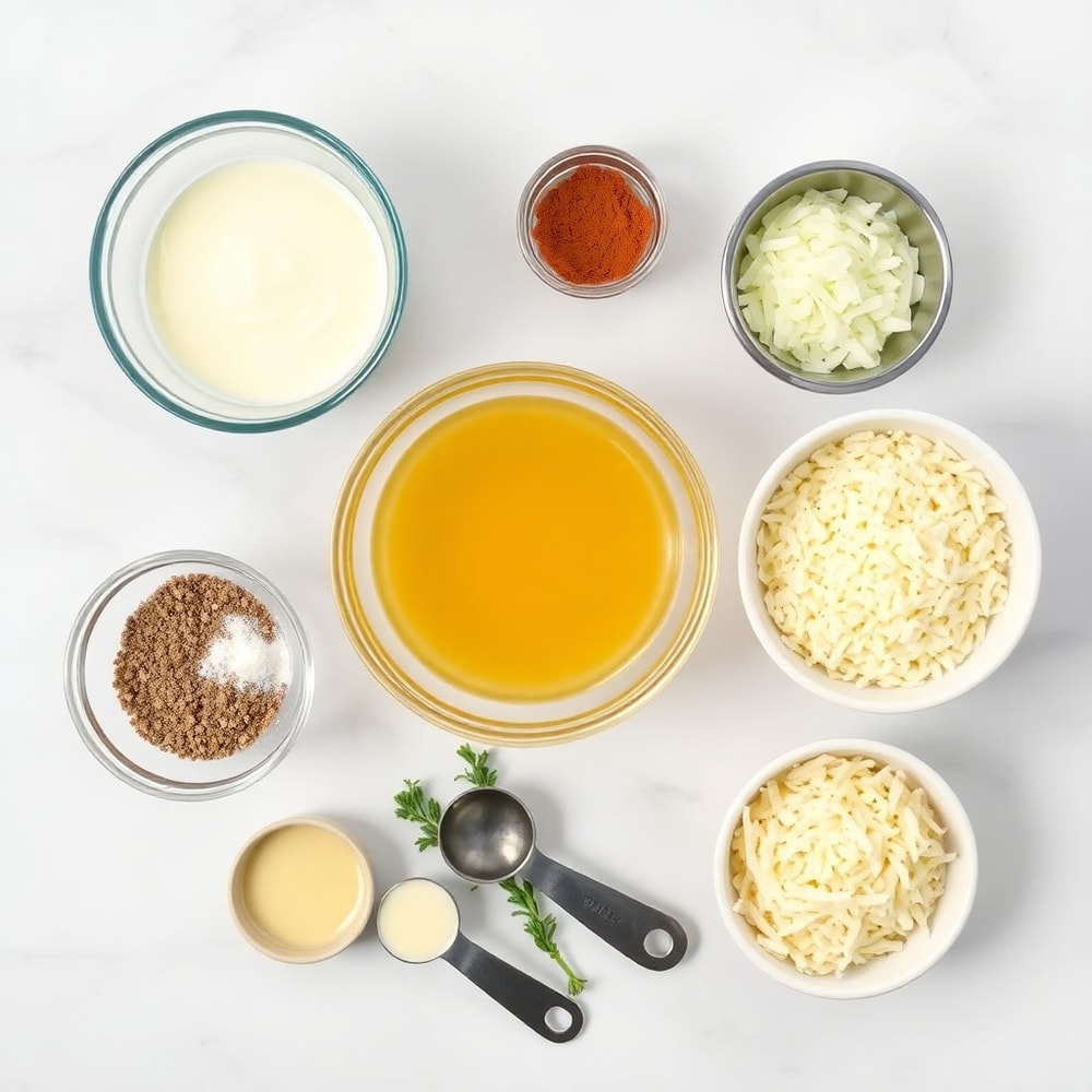 Raw ingredients for Chicken Tetrazzini on a marble surface