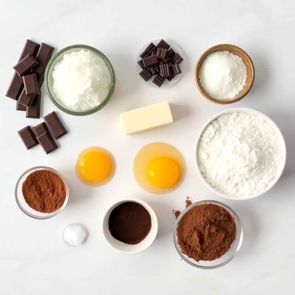 Raw ingredients for Chocolate Mousse Brownies including chocolate, butter, sugar, and eggs