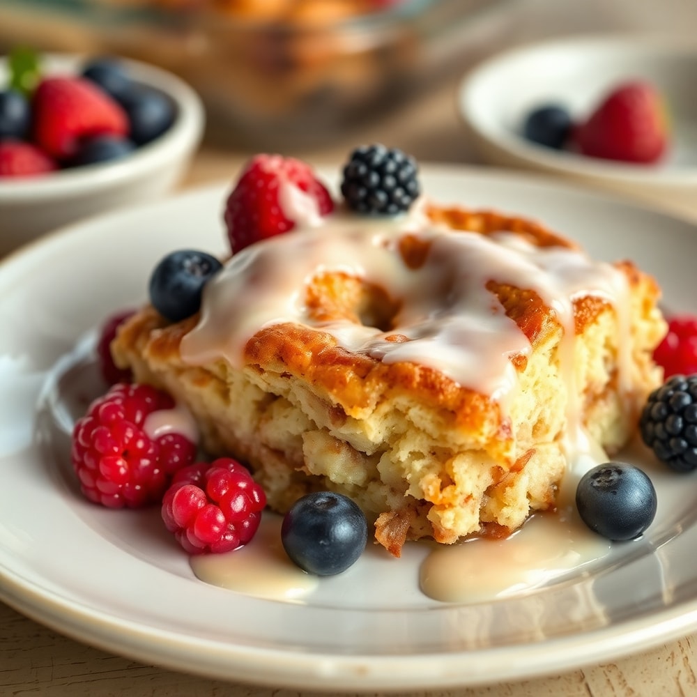 Plated Cinnamon Roll Casserole with a drizzle of creamy glaze and fresh berries