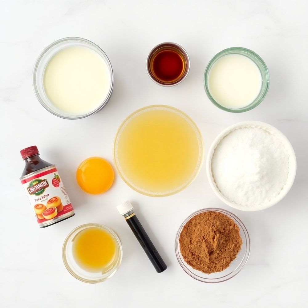 Raw ingredients for Cinnamon Roll Casserole - canned cinnamon rolls, eggs, milk, vanilla extract, powdered sugar, and butter