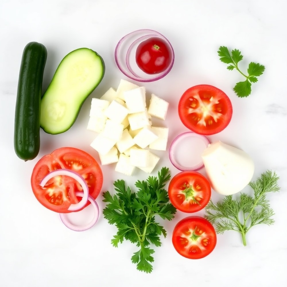 Cucumber, feta, red onion, tomatoes, and fresh herbs on a marble surface