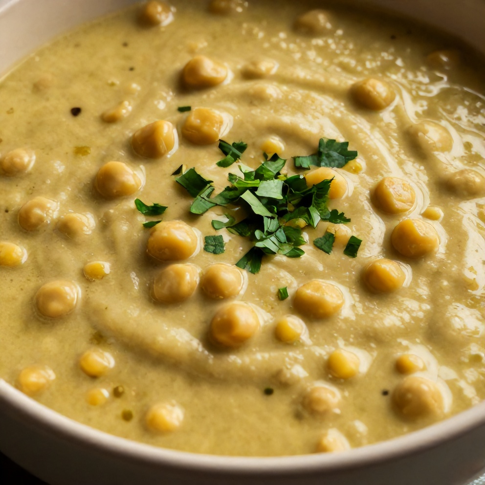Bowl of creamy split pea soup with a sprinkle of chopped parsley