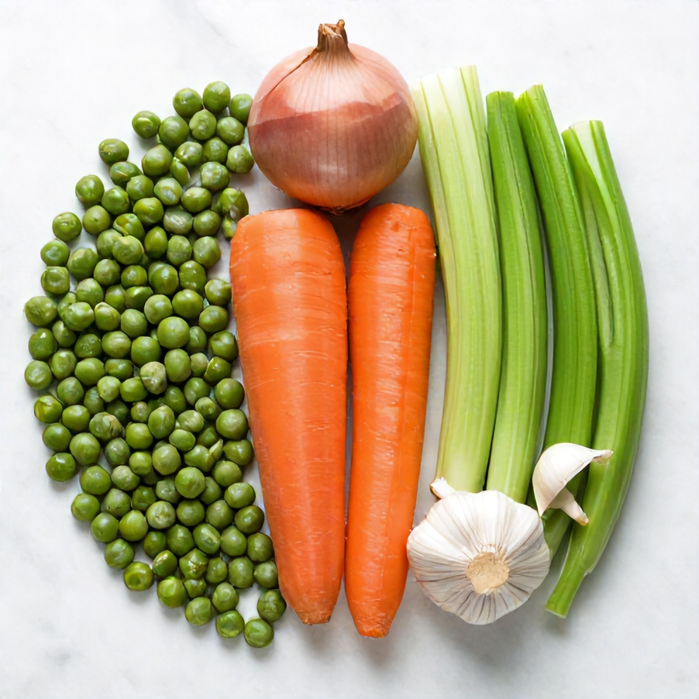 Split peas, onions, carrots, celery, and garlic on a wooden surface