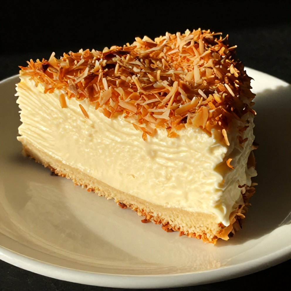 Sliced coconut milk snack cake on a white plate