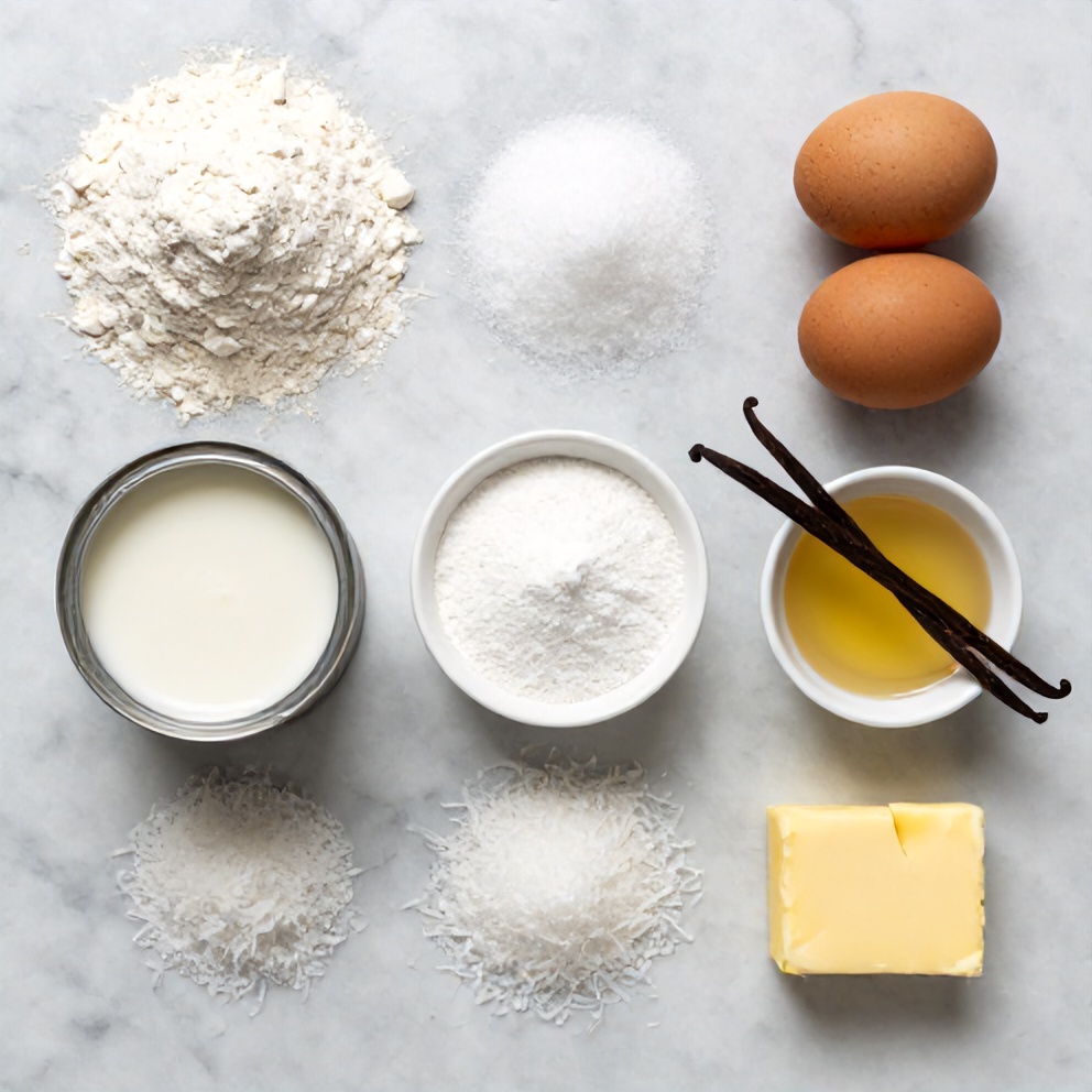 Raw ingredients for coconut milk snack cake on a marble surface