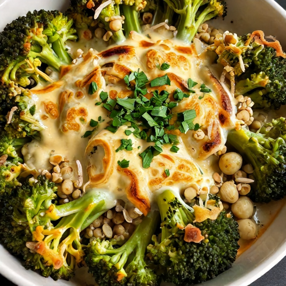 A plated serving of Creamy Broccoli Quinoa Bake with a sprinkle of parsley, on a white plate