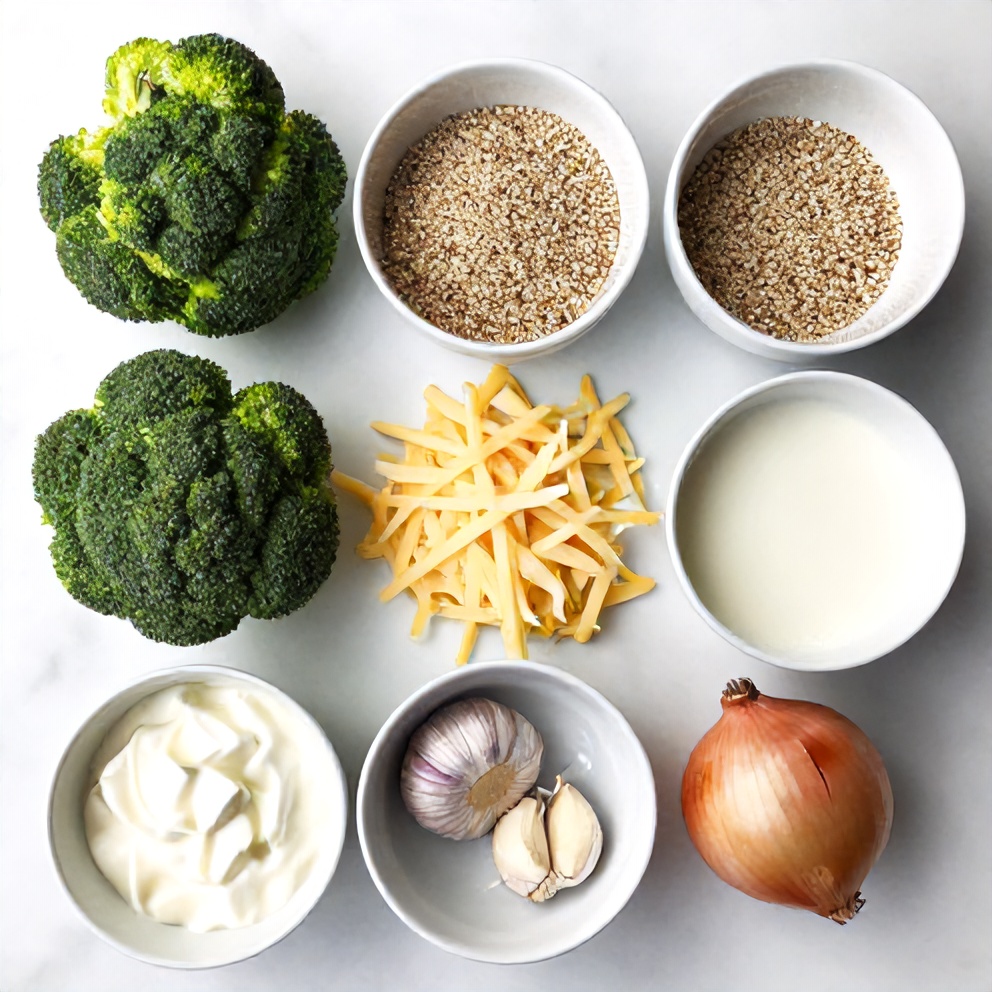 Raw ingredients for Broccoli Quinoa Bake arranged in a flat lay, including broccoli, quinoa, cheese, and garlic