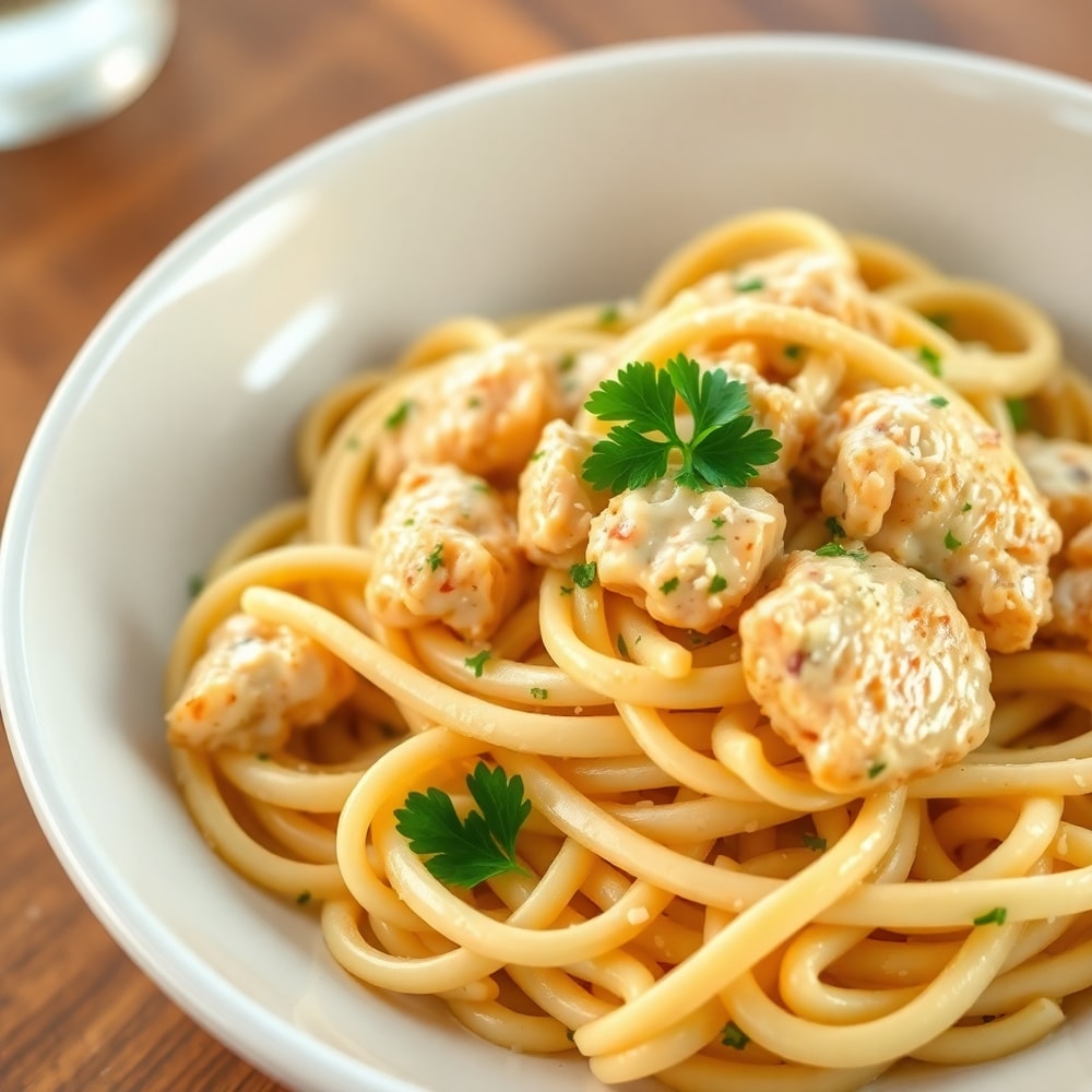 Plated Creamy Garlic Chicken Pasta with melted parmesan and fresh parsley