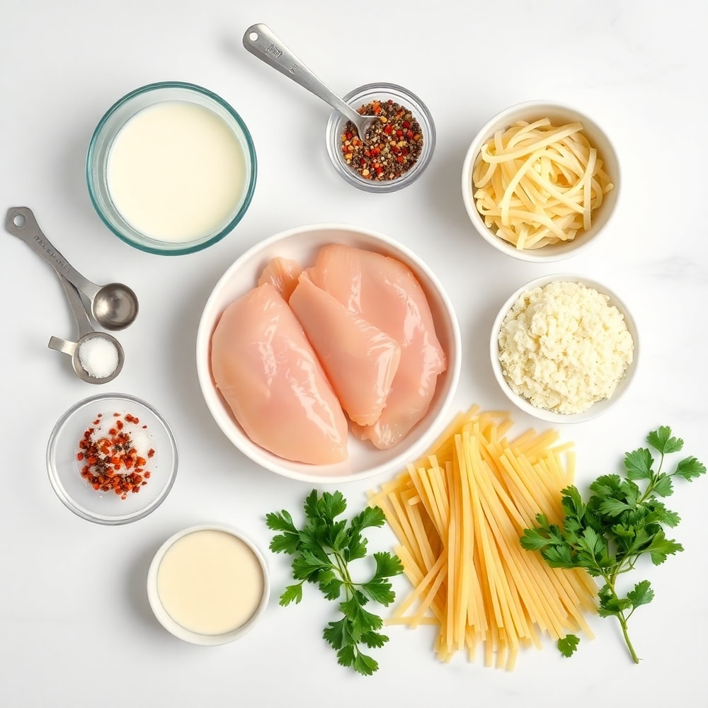 Raw ingredients for Creamy Garlic Chicken Pasta: chicken, garlic, heavy cream, pasta, parmesan