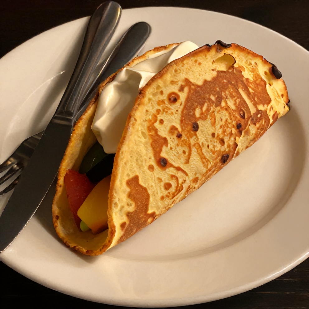 Plated crispy pancake taco with fresh fruit and whipped cream
