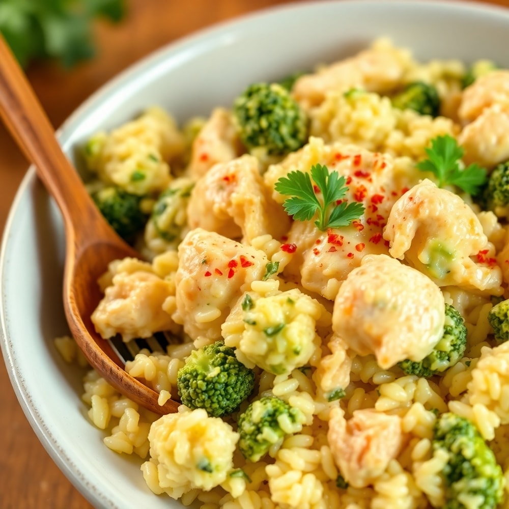 Plated serving of Cheesy Chicken Broccoli Rice